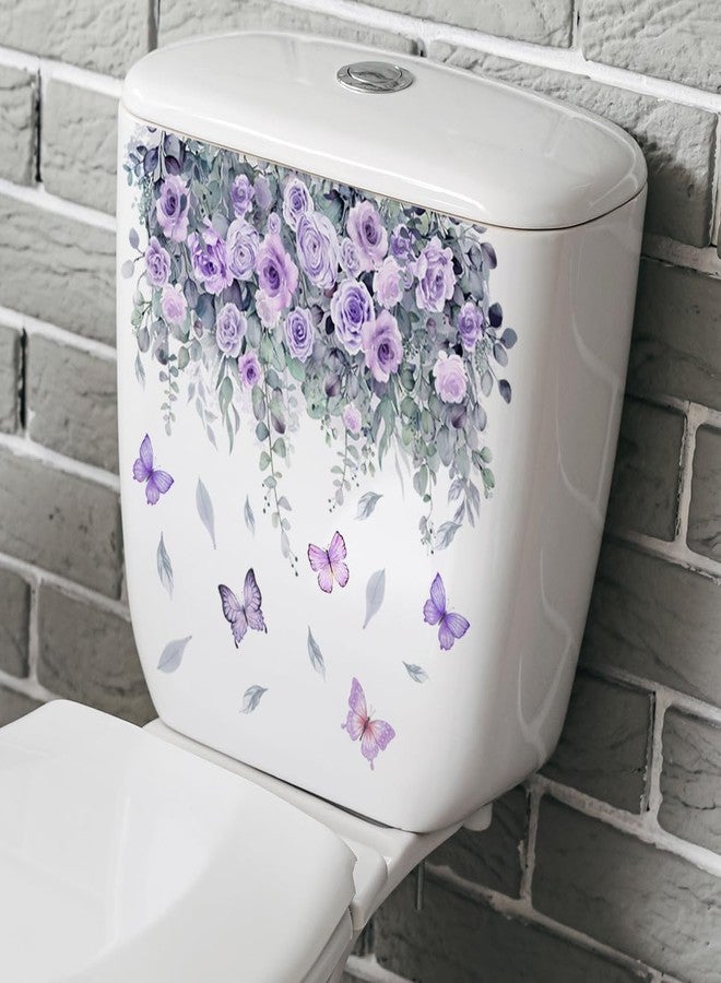 aoukoslt Waterproof Toilet Decals - Botanical Floral Design with Purple Roses and Butterflies, Self-Adhesive Removable Vinyl Stickers for Bathroom Decor, Rental Home Upgrade (13.78x9.84 Inch) - Image 1